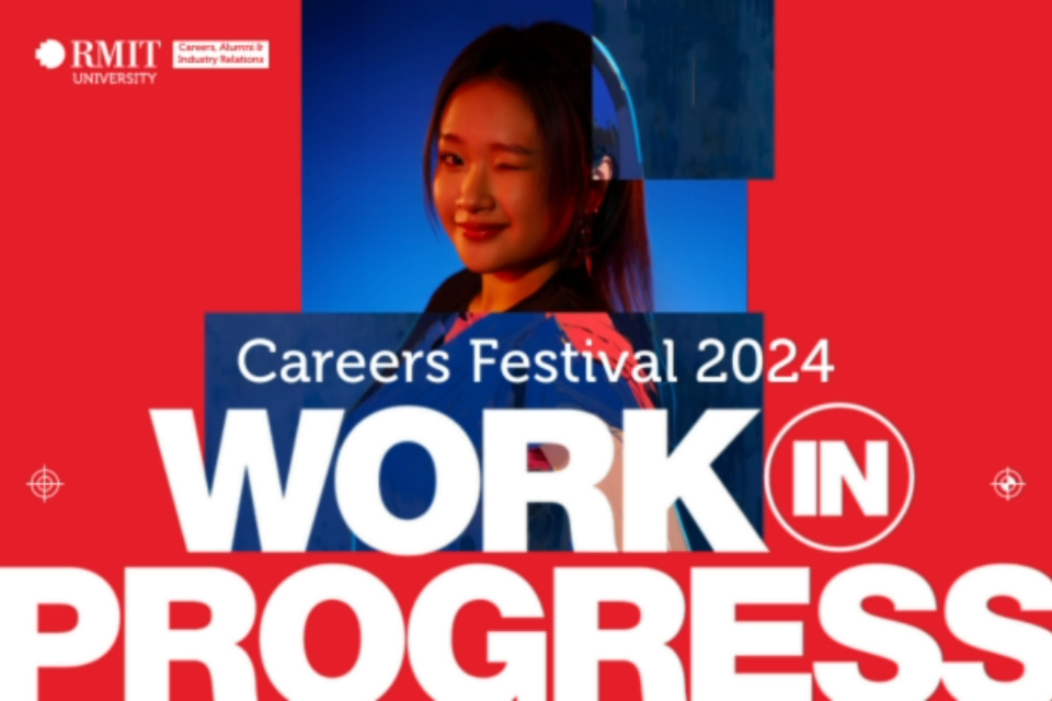 event banner for careers festival 2024 work in progress with a female student winking