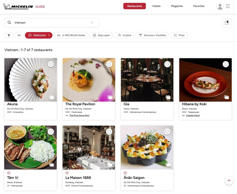 Screenshot of seven starred restaurants in Vietnam on guide.michelin.com