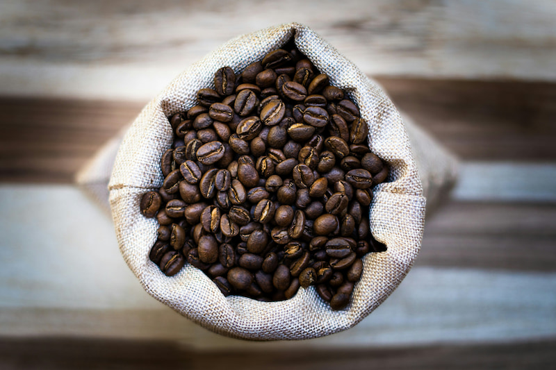 Roasted coffee beans in a bag