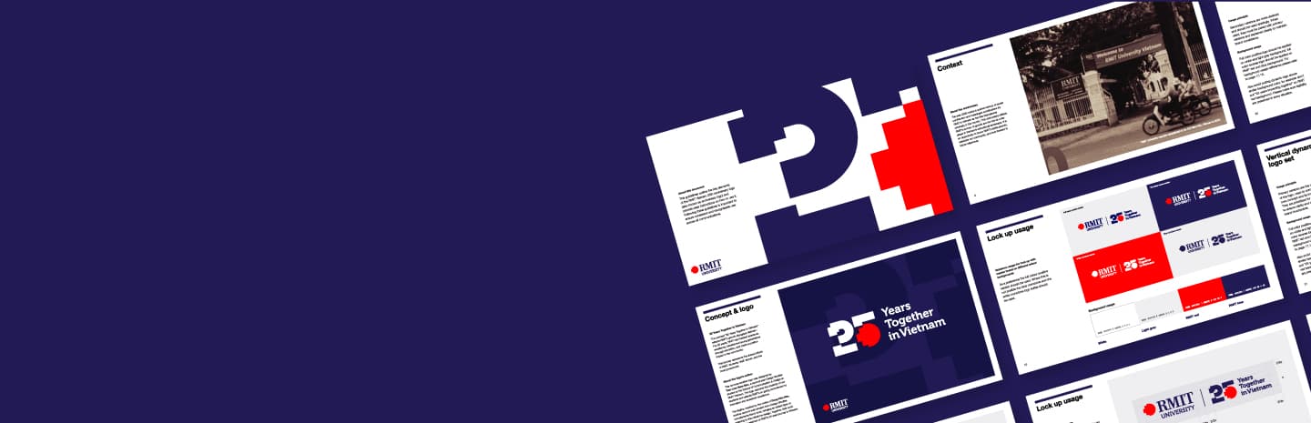 a stylised mock up of multiple pages of the brand guidelines on the right of the banner, set against an RMIT blue background.