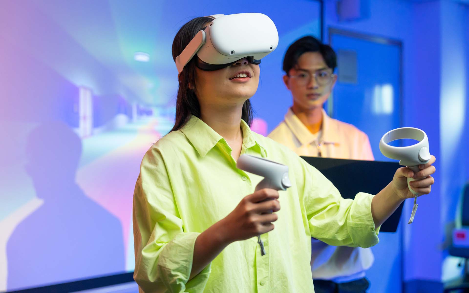 a woman immersed and engaged in virtual reality 